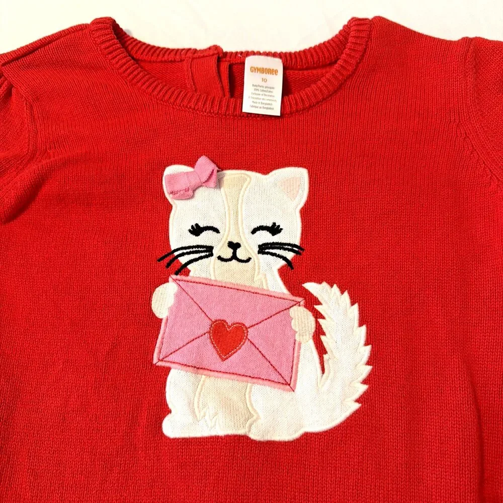 Gymboree Valentines Day Sweater Girls Sz 10 Red Knit Cat Valentine Bow Cute Love